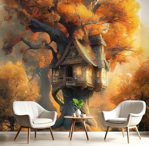 Fototapeten Eichenbaum-Baumhaus 3D Design Tapete, Fantasie Fototapeten Seidenstoff Tapeten Dunkelorange Wandtapete, Tv Tapeten Wohnzimmer Wandtapete Poster Bilder, 352x250cm (B×H) von MIATCENRT