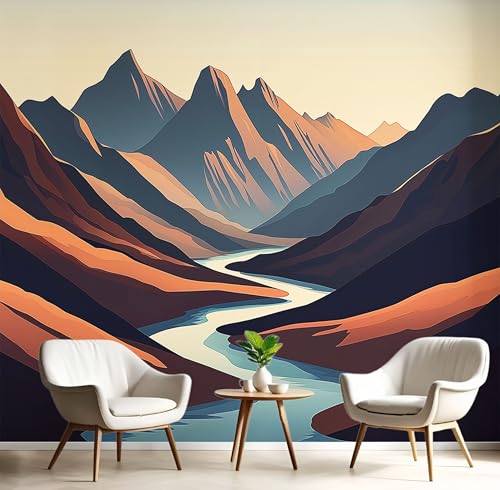 Fototapeten Fluss Berg 3D Design Tapete, Einfach Fototapeten Seidenstoff Tapeten Dunkelbraun Wandtapete, Tv Tapeten Wohnzimmer Wandtapete Poster Bilder, 400x280cm (B×H) von MIATCENRT