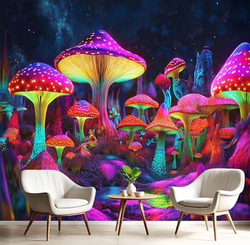 Fototapeten Glitzer Pilze 3D Design Tapete, Psychedelika Wald Fototapeten Seidenstoff Tapeten Lila Wandtapete, Tv Tapeten Wohnzimmer Wandtapete Poster Bilder, 250x175cm (B×H) von MIATCENRT