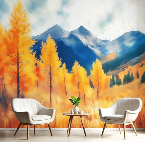 Fototapeten Herbstberge Landschaft 3D Design Tapete, Aquarell Fototapeten Seidenstoff Tapeten Orange Blau Wandtapete, Tv Tapeten Wohnzimmer Wandtapete Poster Bilder, ‎150x105cm (B×H) von MIATCENRT