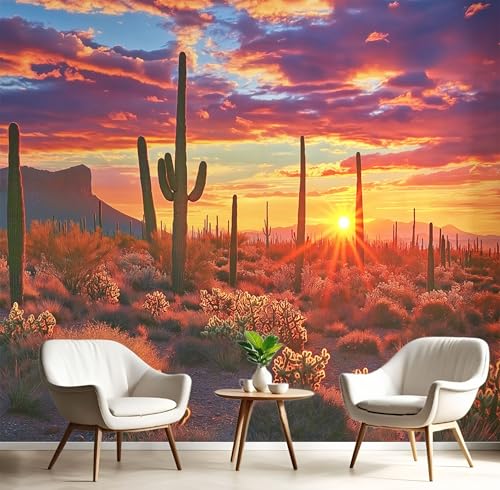 Fototapeten Himmel Sonnenuntergang Kaktus 3D Design Tapete, Landschaft Fototapeten Seidenstoff Tapeten Orange Rot Wandtapete, Tv Tapeten Wohnzimmer Wandtapete Poster Bilder, 308x220cm (B×H) von MIATCENRT