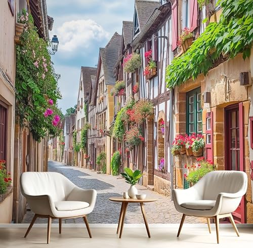 Fototapeten Kleinstadtstraße 3D Design Tapete, Architektur Französischen Fototapeten Seidenstoff Tapeten Hellbraun Wandtapete, Tv Tapeten Wohnzimmer Wandtapete Poster Bilder, 400x280cm (B×H) von MIATCENRT