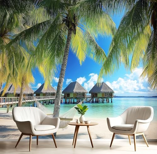 Fototapeten Kokospalmen Strohhäuser 3D Design Tapete, Strand Insel Fototapeten Seidenstoff Tapeten Blau Wandtapete, Tv Tapeten Wohnzimmer Wandtapete Poster Bilder, 352x250cm (B×H) von MIATCENRT