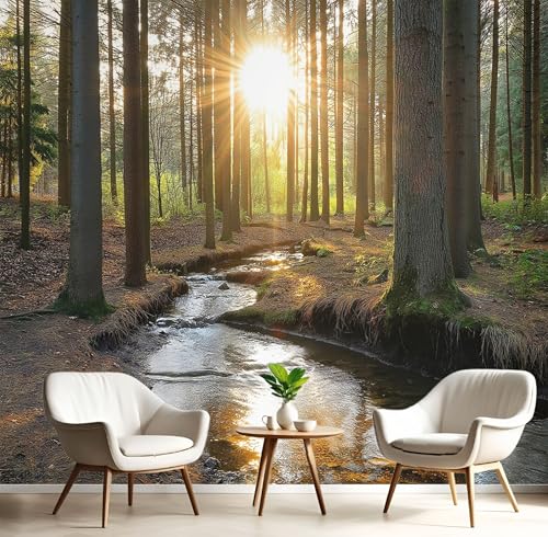 Fototapeten Lichtschatten Bach 3D Design Tapete, Schöner Wald Fototapeten Seidenstoff Tapeten Dunkelgrün Wandtapete, Tv Tapeten Wohnzimmer Wandtapete Poster Bilder, 250x175cm (B×H) von MIATCENRT