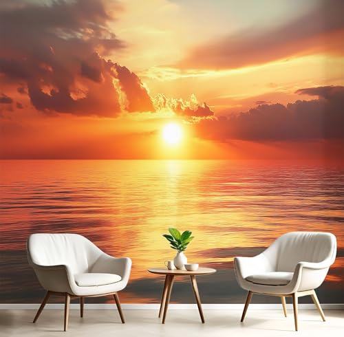 Fototapeten Meer Sonnenuntergang 3D Design Tapete, Küste Landschaft Fototapeten Seidenstoff Tapeten Orange Wandtapete, Tv Tapeten Wohnzimmer Wandtapete Poster Bilder, ‎150x105cm (B×H) von MIATCENRT