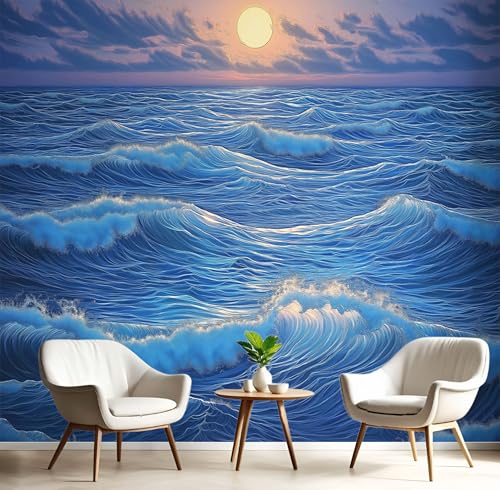Fototapeten Meereswellen Sonnenuntergang 3D Design Tapete, Landschaft Fototapeten Seidenstoff Tapeten Blau Wandtapete, Tv Tapeten Wohnzimmer Wandtapete Poster Bilder, 352x250cm (B×H) von MIATCENRT