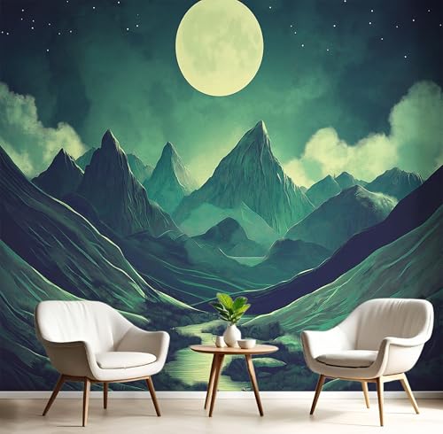 Fototapeten Mond Berge 3D Design Tapete, Fantasie Retro Kunst Fototapeten Seidenstoff Tapeten Grün Wandtapete, Tv Tapeten Wohnzimmer Wandtapete Poster Bilder, 250x175cm (B×H) von MIATCENRT