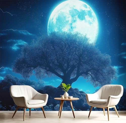 Fototapeten Nachthimmel Mond Baum 3D Design Tapete, Traum Fototapeten Seidenstoff Tapeten Dunkelblau Wandtapete, Tv Tapeten Wohnzimmer Wandtapete Poster Bilder, 352x250cm (B×H) von MIATCENRT