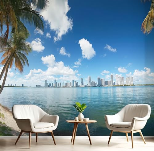 Fototapeten Palmen Meer 3D Design Tapete, Stadt Landschaft Fototapeten Seidenstoff Tapeten Blau Wandtapete, Tv Tapeten Wohnzimmer Wandtapete Poster Bilder, 308x220cm (B×H) von MIATCENRT