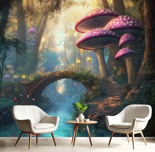 Fototapeten Pilze Wasserbrücke 3D Design Tapete, Traumhaft Wald Fototapeten Seidenstoff Tapeten Braun Blau Wandtapete, Tv Tapeten Wohnzimmer Wandtapete Poster Bilder, 308x220cm (B×H) von MIATCENRT