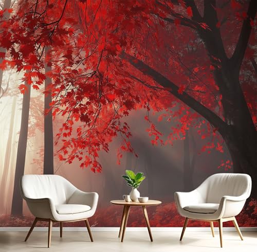 Fototapeten Rot Ahorn Wald 3D Design Tapete, Fantasie Landschaft Fototapeten Seidenstoff Tapeten Rot Wandtapete, Tv Tapeten Wohnzimmer Wandtapete Poster Bilder, ‎150x105cm (B×H) von MIATCENRT