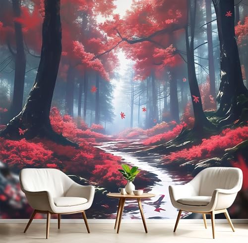 Fototapeten Rote Blätter Wald 3D Design Tapete, Fantasie Kunst Fototapeten Seidenstoff Tapeten Rot Wandtapete, Tv Tapeten Wohnzimmer Wandtapete Poster Bilder, 400x280cm (B×H) von MIATCENRT