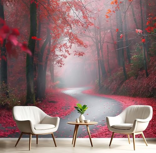 Fototapeten Rote Blätter Waldweg 3D Design Tapete, Herbstlandschaft Fototapeten Seidenstoff Tapeten Rot Wandtapete, Tv Tapeten Wohnzimmer Wandtapete Poster Bilder, 400x280cm (B×H) von MIATCENRT