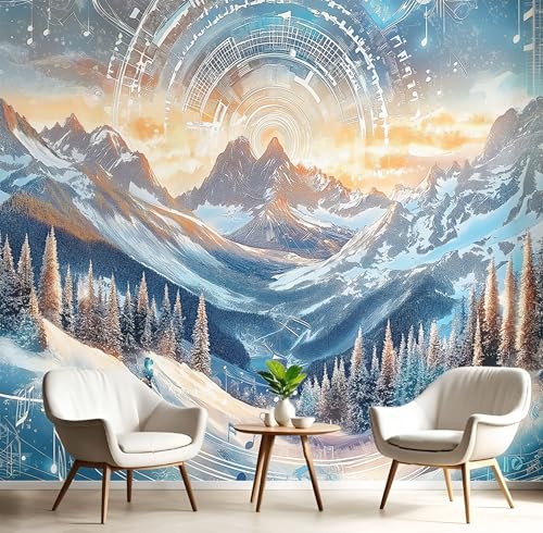 Fototapeten Schallwellen Schneebedeckte Berge 3D Design Tapete, Landschaft Fototapeten Seidenstoff Tapeten Blau Wandtapete, Tv Tapeten Wohnzimmer Wandtapete Poster Bilder, 352x250cm (B×H) von MIATCENRT