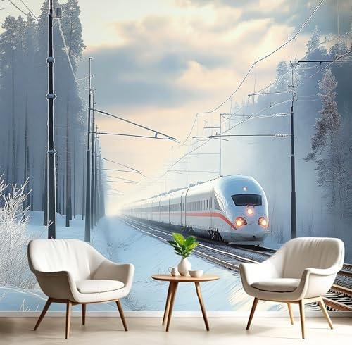 Fototapeten Schnee Zug 3D Design Tapete, Naturlandschaft Fototapeten Seidenstoff Tapeten Hellgrau Wandtapete, Tv Tapeten Wohnzimmer Wandtapete Poster Bilder, ‎150x105cm (B×H) von MIATCENRT