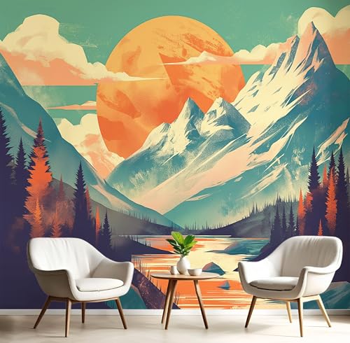 Fototapeten Sommerberge 3D Design Tapete, Vintage Poster Fototapeten Seidenstoff Tapeten Orange Grün Wandtapete, Tv Tapeten Wohnzimmer Wandtapete Poster Bilder, ‎150x105cm (B×H) von MIATCENRT