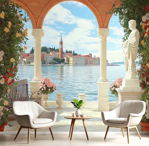 Fototapeten Terrassenstatue 3D Design Tapete, Bogenküste Fototapeten Seidenstoff Tapeten Himmelblau Wandtapete, Tv Tapeten Wohnzimmer Wandtapete Poster Bilder, ‎150x105cm (B×H) von MIATCENRT