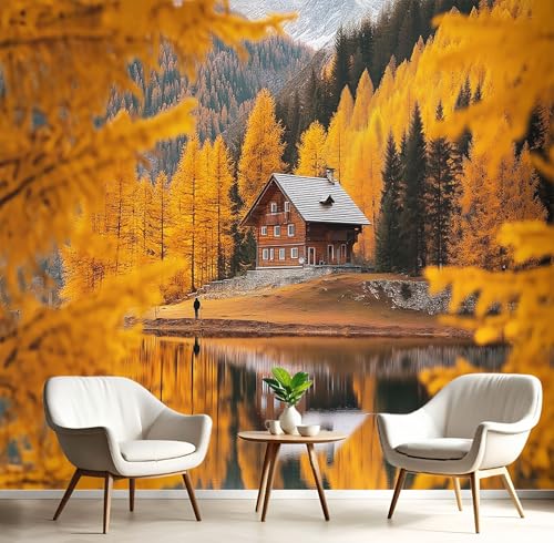 Fototapeten Waldhütte 3D Design Tapete, Herbstberglandschaft Fototapeten Seidenstoff Tapeten Orange Colorgul Wandtapete, Tv Tapeten Wohnzimmer Wandtapete Poster Bilder, 352x250cm (B×H) von MIATCENRT
