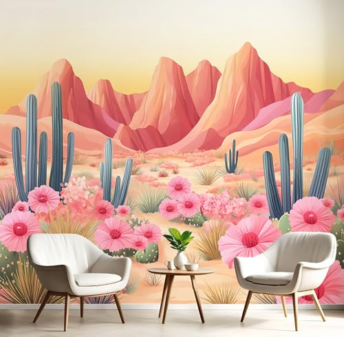 Fototapeten Wüste Kaktus Blumen 3D Design Tapete, Aquarell Fototapeten Seidenstoff Tapeten Rosa Orange Wandtapete, Tv Tapeten Wohnzimmer Wandtapete Poster Bilder, 400x280cm (B×H) von MIATCENRT