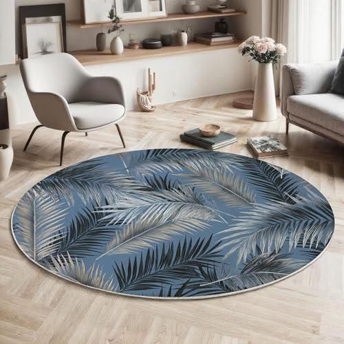 MIATCENRT Abstrakt Pflanzen Teppich Rund 120cm, Waschbare Teppiche, Grau Silber Runder Teppiche Farbecht, rutschfest Carpet, Palmblätter Bedruckter Teppich Schlafzimmer, Kinderzimmer von MIATCENRT