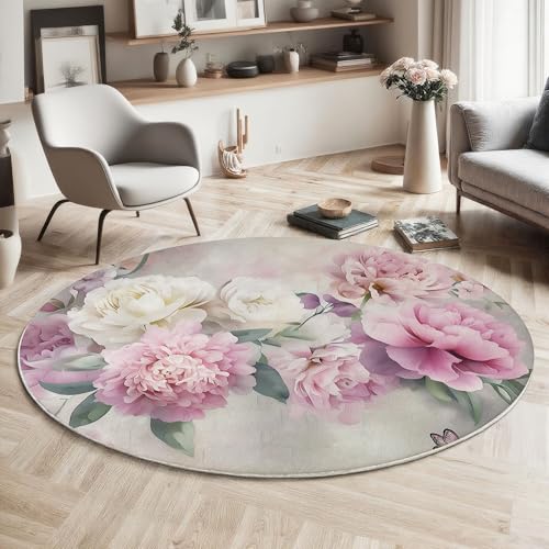 MIATCENRT Aquarell Verträumt Teppich Rund 120cm, Waschbare Teppiche, Hellgrau Runder Teppiche Farbecht, rutschfest Carpet, Pfingstrose Blumen Bedruckter Teppich Schlafzimmer, Kinderzimmer MIATCENRT Aquarell Verträumt Teppich Rund 120cm, Waschbare Teppiche, Hellgrau Runder Teppiche Farbecht, rutschfest Carpet, Pfingstrose Blumen Bedruckter Teppich Schlafzimmer, Kinderzimmer von MIATCENRT