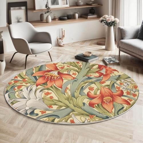 MIATCENRT Blumen Kunst Teppich Rund 80cm, Waschbare Teppiche, Orange Grün Runder Teppiche Farbecht, rutschfest Carpet, Lilien Blätter Bedruckter Teppich Schlafzimmer, Kinderzimmer MIATCENRT Blumen Kunst Teppich Rund 80cm, Waschbare Teppiche, Orange Grün Runder Teppiche Farbecht, rutschfest Carpet, Lilien Blätter Bedruckter Teppich Schlafzimmer, Kinderzimmer von MIATCENRT