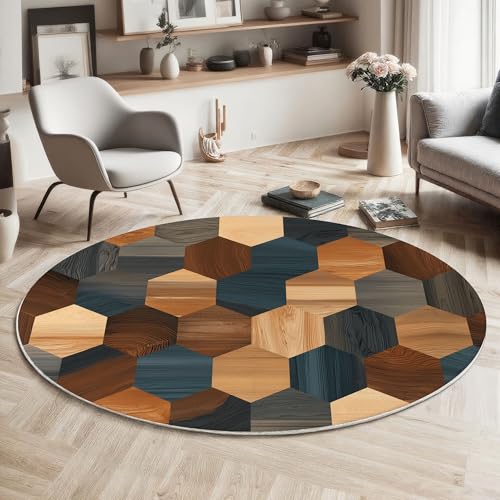 MIATCENRT Böhmen Teppich Rund 80cm, Waschbar Kurzflor, Rutschfester Wohnzimmerteppich, Holz Sechseck Runder Flauschiger Teppiche für Schlafzimmer, Kinderzimmer, Erdig von MIATCENRT