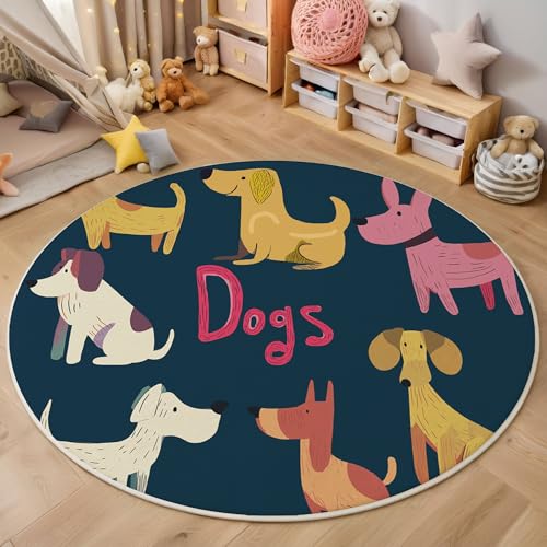 MIATCENRT Cartoon Teppich Rund 100cm, Waschbare Teppiche, Dunkelblau Runder Teppiche Farbecht, rutschfest Carpet, Hund Pose Bedruckter Teppich Schlafzimmer, Kinderzimmer von MIATCENRT