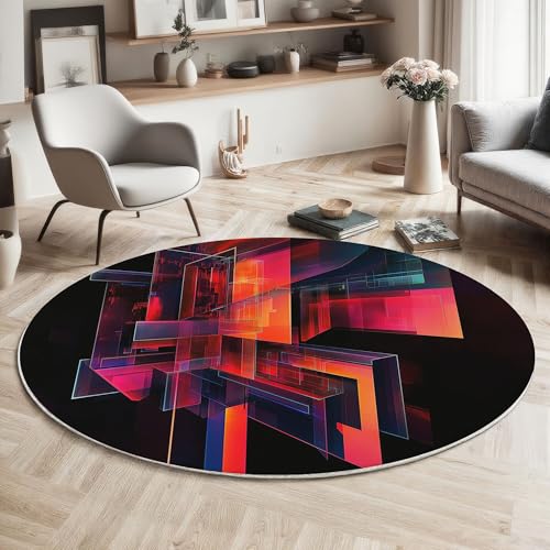 MIATCENRT Cyberpunk Teppich Rund 160cm, Waschbar Kurzflor, Rutschfester Wohnzimmerteppich, Mehrschichtige Glasbausteine Runder Flauschiger Teppiche für Schlafzimmer, Kinderzimmer, Rot Blau von MIATCENRT