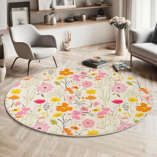 MIATCENRT Frühling Wildblumen Teppich Rund 160cm, Waschbare Teppiche, Rosa Orange Runder Teppiche Farbecht, rutschfest Carpet, Englisch Garten Bedruckter Teppich Schlafzimmer, Kinderzimmer MIATCENRT Frühling Wildblumen Teppich Rund 160cm, Waschbare Teppiche, Rosa Orange Runder Teppiche Farbecht, rutschfest Carpet, Englisch Garten Bedruckter Teppich Schlafzimmer, Kinderzimmer von MIATCENRT