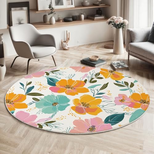 MIATCENRT Kurzflor Teppich Rund 100cm, Bunt Handgezeichnet Blumen Muster Teppich Dekorative Wohnzimmer Schlafzimmer, Sofa Teppichs Waschbarer Blumen Kunst, Anti-Rutsch Unterseite MIATCENRT Kurzflor Teppich Rund 100cm, Bunt Handgezeichnet Blumen Muster Teppich Dekorative Wohnzimmer Schlafzimmer, Sofa Teppichs Waschbarer Blumen Kunst, Anti-Rutsch Unterseite von MIATCENRT