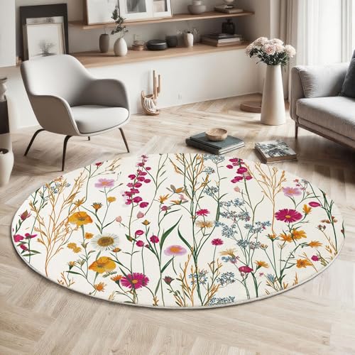 MIATCENRT Kurzflor Teppich Rund 100cm, Bunt Kleine Blumen Hohes Gras Muster Teppich Dekorative Wohnzimmer Schlafzimmer, Sofa Teppichs Waschbarer Wildblumen, Anti-Rutsch Unterseite MIATCENRT Kurzflor Teppich Rund 100cm, Bunt Kleine Blumen Hohes Gras Muster Teppich Dekorative Wohnzimmer Schlafzimmer, Sofa Teppichs Waschbarer Wildblumen, Anti-Rutsch Unterseite von MIATCENRT