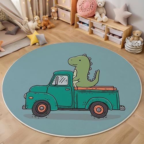 MIATCENRT Kurzflor Teppich Rund 100cm, Grün LKW Dinosaurier Muster Teppich Dekorative Wohnzimmer Schlafzimmer, Sofa Teppichs Waschbarer Süß Minimalistisch, Anti-Rutsch Unterseite MIATCENRT Kurzflor Teppich Rund 100cm, Grün LKW Dinosaurier Muster Teppich Dekorative Wohnzimmer Schlafzimmer, Sofa Teppichs Waschbarer Süß Minimalistisch, Anti-Rutsch Unterseite von MIATCENRT