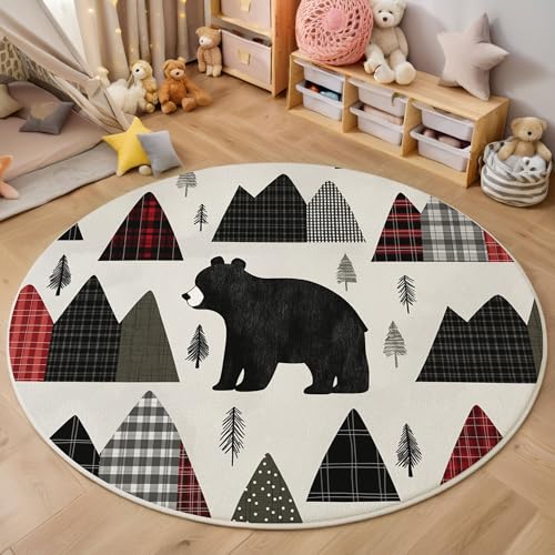 MIATCENRT Kurzflor Teppich Rund 100cm, Schwarz Rot Bär Berge Muster Teppich Dekorative Wohnzimmer Schlafzimmer, Sofa Teppichs Waschbarer Landschaft Kunst, Anti-Rutsch Unterseite MIATCENRT Kurzflor Teppich Rund 100cm, Schwarz Rot Bär Berge Muster Teppich Dekorative Wohnzimmer Schlafzimmer, Sofa Teppichs Waschbarer Landschaft Kunst, Anti-Rutsch Unterseite von MIATCENRT