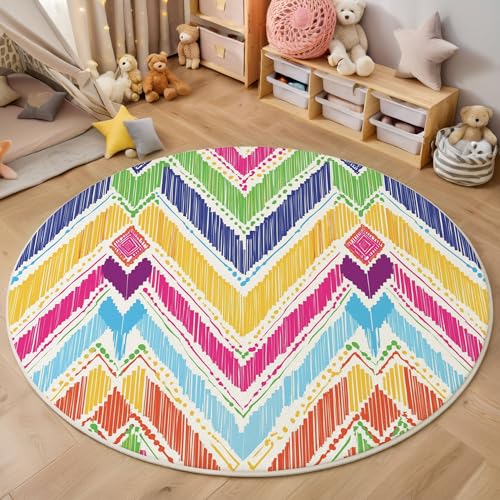 MIATCENRT Kurzflor Teppich Rund 120cm, Regenbogenfarbe Regenbogenstreifen Chevron Muster Teppich Dekorative Wohnzimmer Schlafzimmer, Sofa Teppichs Waschbarer Illustration, Anti-Rutsch Unterseite MIATCENRT Kurzflor Teppich Rund 120cm, Regenbogenfarbe Regenbogenstreifen Chevron Muster Teppich Dekorative Wohnzimmer Schlafzimmer, Sofa Teppichs Waschbarer Illustration, Anti-Rutsch Unterseite von MIATCENRT