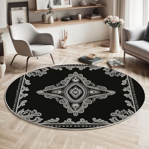 MIATCENRT Kurzflor Teppich Rund 120cm, Schwarz Paisley Muster Muster Teppich Dekorative Wohnzimmer Schlafzimmer, Sofa Teppichs Waschbarer Traditionell, Anti-Rutsch Unterseite MIATCENRT Kurzflor Teppich Rund 120cm, Schwarz Paisley Muster Muster Teppich Dekorative Wohnzimmer Schlafzimmer, Sofa Teppichs Waschbarer Traditionell, Anti-Rutsch Unterseite von MIATCENRT