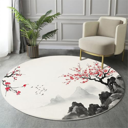 MIATCENRT Kurzflor Teppich Rund 120cm, Schwarz Rot Pflaumenblüten Berge Muster Teppich Dekorative Wohnzimmer Schlafzimmer, Sofa Teppichs Waschbarer Japan Tuschemalerei, Anti-Rutsch Unterseite MIATCENRT Kurzflor Teppich Rund 120cm, Schwarz Rot Pflaumenblüten Berge Muster Teppich Dekorative Wohnzimmer Schlafzimmer, Sofa Teppichs Waschbarer Japan Tuschemalerei, Anti-Rutsch Unterseite von MIATCENRT