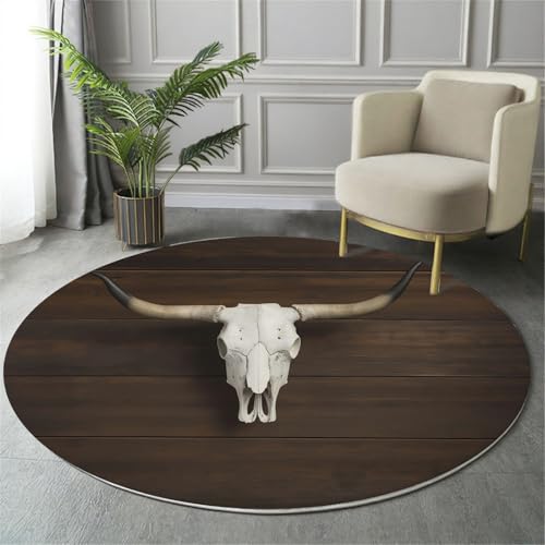 MIATCENRT Kurzflor Teppich Rund 160cm, Dunkelbraun Lange Hörner Kuhschädel Muster Teppich Dekorative Wohnzimmer Schlafzimmer, Sofa Teppichs Waschbarer Wanddeko, Anti-Rutsch Unterseite von MIATCENRT