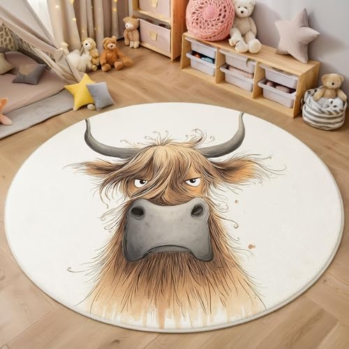 MIATCENRT Kurzflor Teppich Rund 160cm, Hellbraun Hochlandrind Portrait Muster Teppich Dekorative Wohnzimmer Schlafzimmer, Sofa Teppichs Waschbarer Süß, Anti-Rutsch Unterseite MIATCENRT Kurzflor Teppich Rund 160cm, Hellbraun Hochlandrind Portrait Muster Teppich Dekorative Wohnzimmer Schlafzimmer, Sofa Teppichs Waschbarer Süß, Anti-Rutsch Unterseite von MIATCENRT
