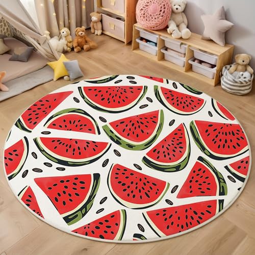 MIATCENRT Kurzflor Teppich Rund 160cm, Rot Wassermelonenscheiben Kerne Muster Teppich Dekorative Wohnzimmer Schlafzimmer, Sofa Teppichs Waschbarer Einfach, Anti-Rutsch Unterseite von MIATCENRT
