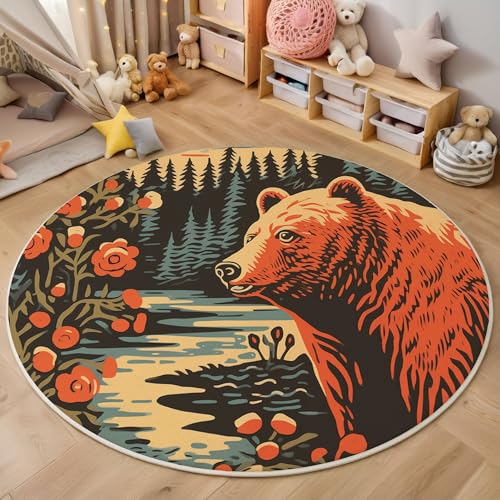MIATCENRT Kurzflor Teppich Rund 80cm, Braun-Grün Kiefernwald Bär Muster Teppich Dekorative Wohnzimmer Schlafzimmer, Sofa Teppichs Waschbarer Tradition, Anti-Rutsch Unterseite MIATCENRT Kurzflor Teppich Rund 80cm, Braun-Grün Kiefernwald Bär Muster Teppich Dekorative Wohnzimmer Schlafzimmer, Sofa Teppichs Waschbarer Tradition, Anti-Rutsch Unterseite von MIATCENRT