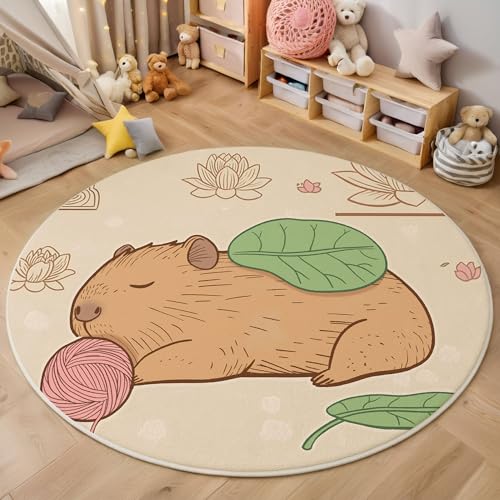 MIATCENRT Kurzflor Teppich Rund 80cm, Hellbraun Wasserschwein Lotus Muster Teppich Dekorative Wohnzimmer Schlafzimmer, Sofa Teppichs Waschbarer Illustration, Anti-Rutsch Unterseite von MIATCENRT