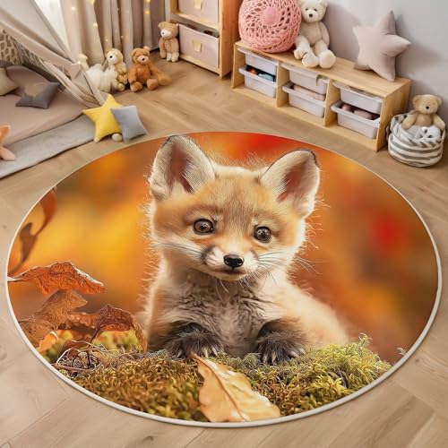 MIATCENRT Kurzflor Teppich Rund 80cm, Orange-Rot Moos Fuchs Muster Teppich Dekorative Wohnzimmer Schlafzimmer, Sofa Teppichs Waschbarer Süß, Anti-Rutsch Unterseite von MIATCENRT