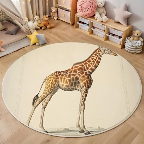 MIATCENRT Kurzflor Teppich Rund 80cm, Reis Giraffe Illustration Muster Teppich Dekorative Wohnzimmer Schlafzimmer, Sofa Teppichs Waschbarer Tier, Anti-Rutsch Unterseite von MIATCENRT