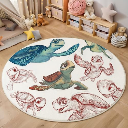 MIATCENRT Kurzflor Teppich Rund 80cm, Rot Grün Niedliche Schildkröte Muster Teppich Dekorative Wohnzimmer Schlafzimmer, Sofa Teppichs Waschbarer Cartoonfigur, Anti-Rutsch Unterseite von MIATCENRT