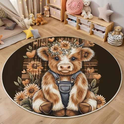 MIATCENRT Niedlich Teppich Rund 120cm, Waschbare Teppiche, Dunkelbraun Runder Teppiche Farbecht, rutschfest Carpet, Kariert Hochlandrind Bedruckter Teppich Schlafzimmer, Kinderzimmer MIATCENRT Niedlich Teppich Rund 120cm, Waschbare Teppiche, Dunkelbraun Runder Teppiche Farbecht, rutschfest Carpet, Kariert Hochlandrind Bedruckter Teppich Schlafzimmer, Kinderzimmer von MIATCENRT