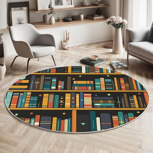 MIATCENRT Retro Futuristisch Teppich Rund 80cm, Waschbar Kurzflor, Rutschfester Wohnzimmerteppich, Bücher Bücherregal Runder Flauschiger Teppiche für Schlafzimmer, Kinderzimmer, Braun MIATCENRT Retro Futuristisch Teppich Rund 80cm, Waschbar Kurzflor, Rutschfester Wohnzimmerteppich, Bücher Bücherregal Runder Flauschiger Teppiche für Schlafzimmer, Kinderzimmer, Braun von MIATCENRT