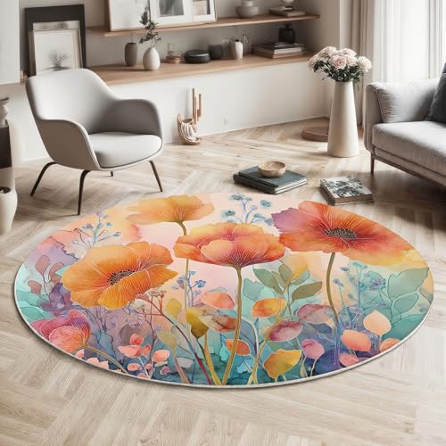 MIATCENRT Rund Wohnzimmer Teppich, Aquarell Blumen Kurzflor Teppiche, Natur Fantasie Weiche rutschfest Waschbarer Rot Orange Teppich Für Flur Schlafzimmer Verschiedene Szenarien 80cm von MIATCENRT
