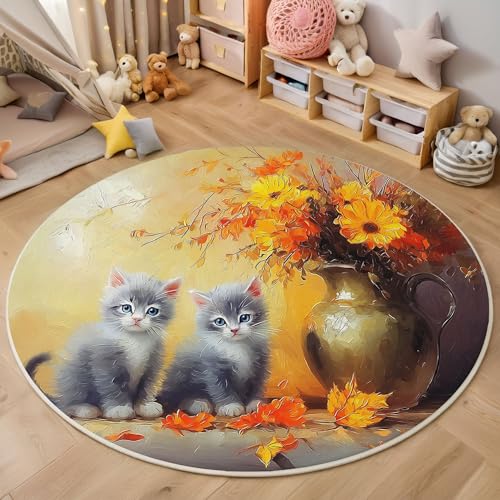 MIATCENRT Rund Wohnzimmer Teppich, Niedlich Kätzchen Vase Kurzflor Teppiche, Ölgemälde Weiche rutschfest Waschbarer Gold Teppich Für Flur Schlafzimmer Verschiedene Szenarien 120cm MIATCENRT Rund Wohnzimmer Teppich, Niedlich Kätzchen Vase Kurzflor Teppiche, Ölgemälde Weiche rutschfest Waschbarer Gold Teppich Für Flur Schlafzimmer Verschiedene Szenarien 120cm von MIATCENRT