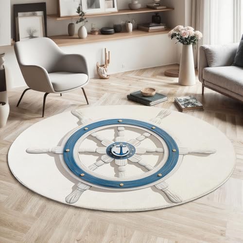 MIATCENRT Rund Wohnzimmer Teppich, Ruder Anker Kurzflor Teppiche, Navigation Design Weiche rutschfest Waschbarer Blau Weiß Teppich Für Flur Schlafzimmer Verschiedene Szenarien 80cm von MIATCENRT